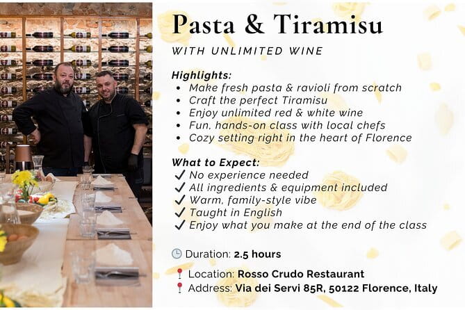 Florence: Pasta & Tiramisu Cooking Class with Unlimited Wine - The 3-hour flow: from flour hands to dessert plate
